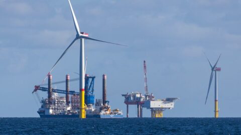 The jack-up vessel 'Sea Challenger' navigates in the wind farm 'Arkona' in the German Baltic Sea near the island of Ruegen, Germany, 13 September 2017